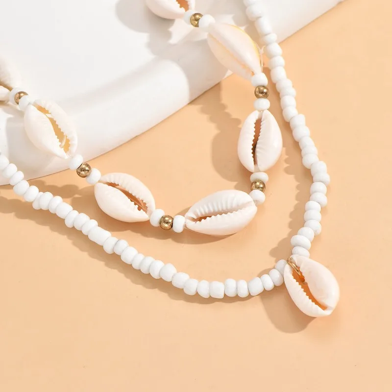 2pcs Multilayer Rice Bead Shell Necklaces for Women Trendy Vintage Beads Choker Necklace Jewellery Women Vacation Accessory