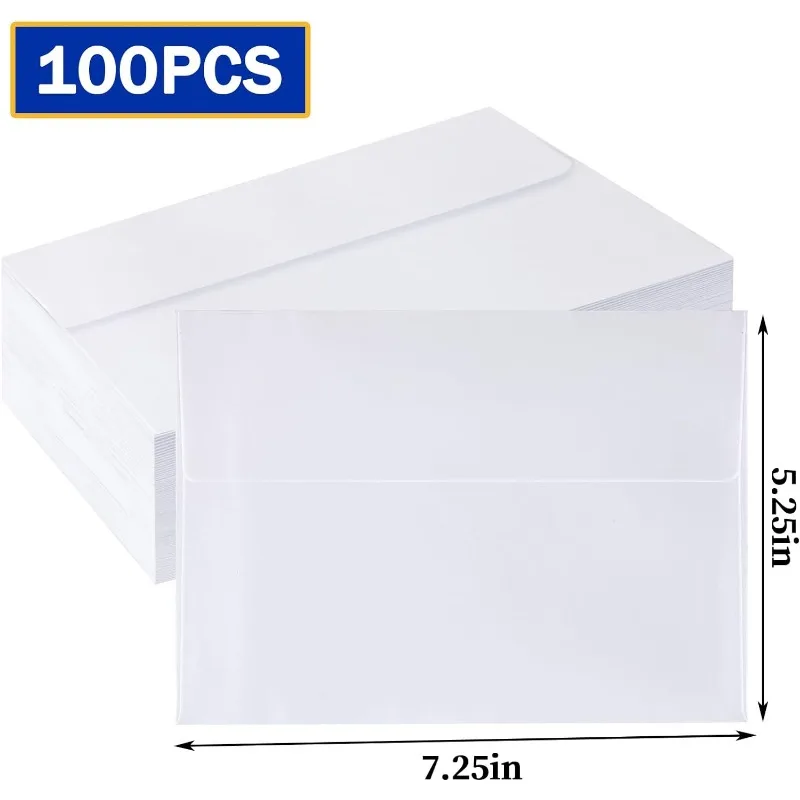 100 Pack 5x7 , A7 Printable White Envelopes, for Weddings, Invitations, Photos, Postcards, Greeting Cards, Mailing