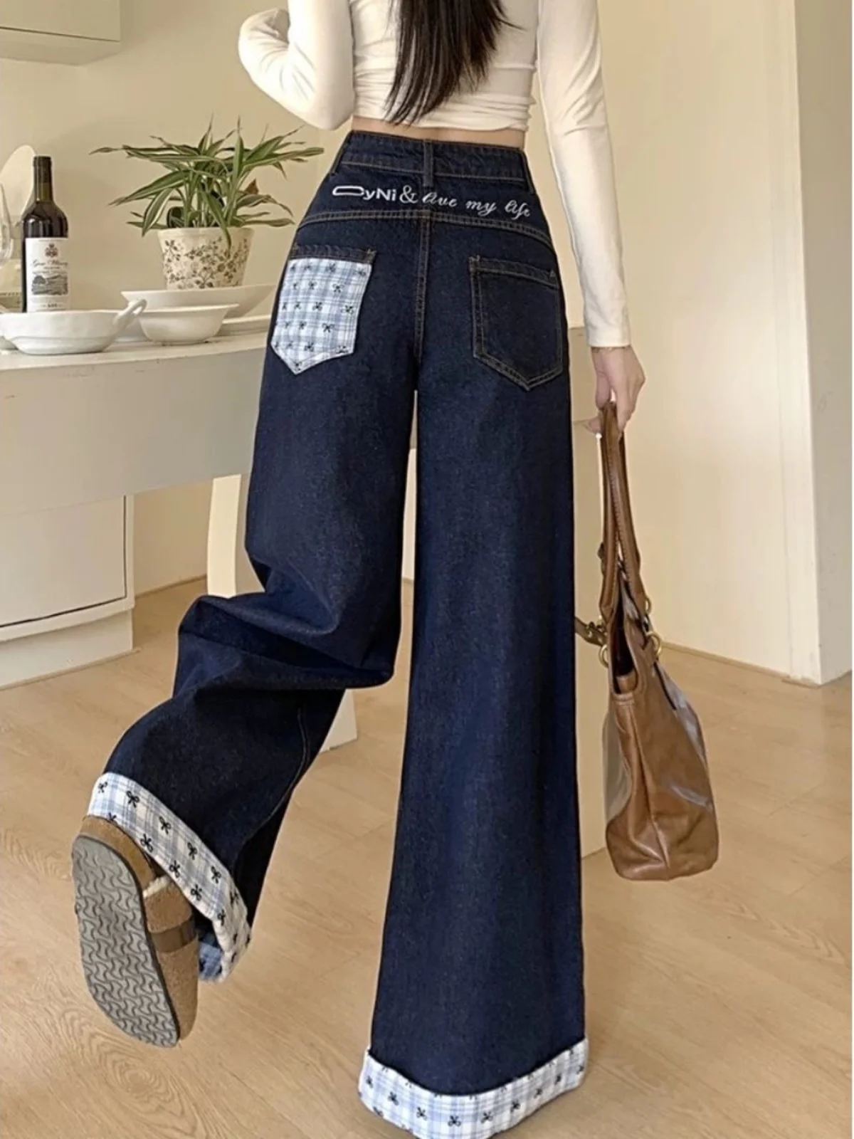 

Vintage Plaid Splicing High Waist Loose Wide Leg Jeans Women's Design Knot Slimming Floor-Length Trousers