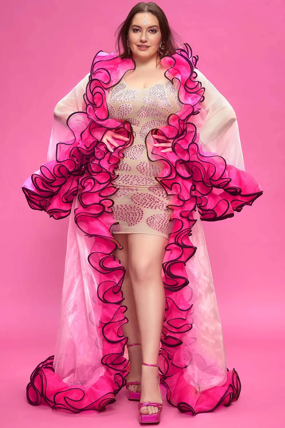 

Плюс размер вечерние розовые осенне-зимние расклешенные кардиганы из органзы с длинными рукавами и воланами на заказ