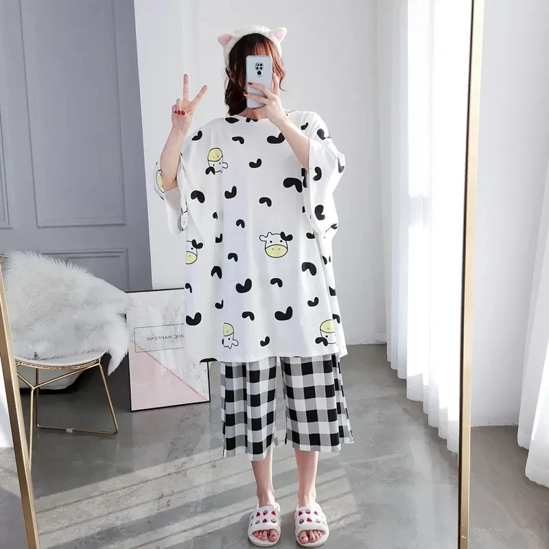 Plus Size 5XL 150KG 2pc/set Summer Pajama Suit Female Sleepwear Women Pajama Sets Short Sleeve and Shorts Oversized Nightwear