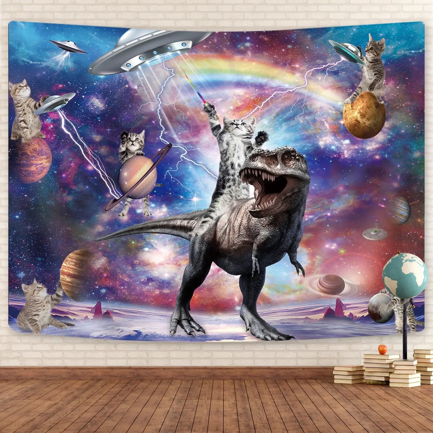 Cat Tapestry, Cool Cat Riding Dinosaur on Fantasy Universe Galaxy Space UFO Tapestries for Boys Kids, Hilarious Animals Anime