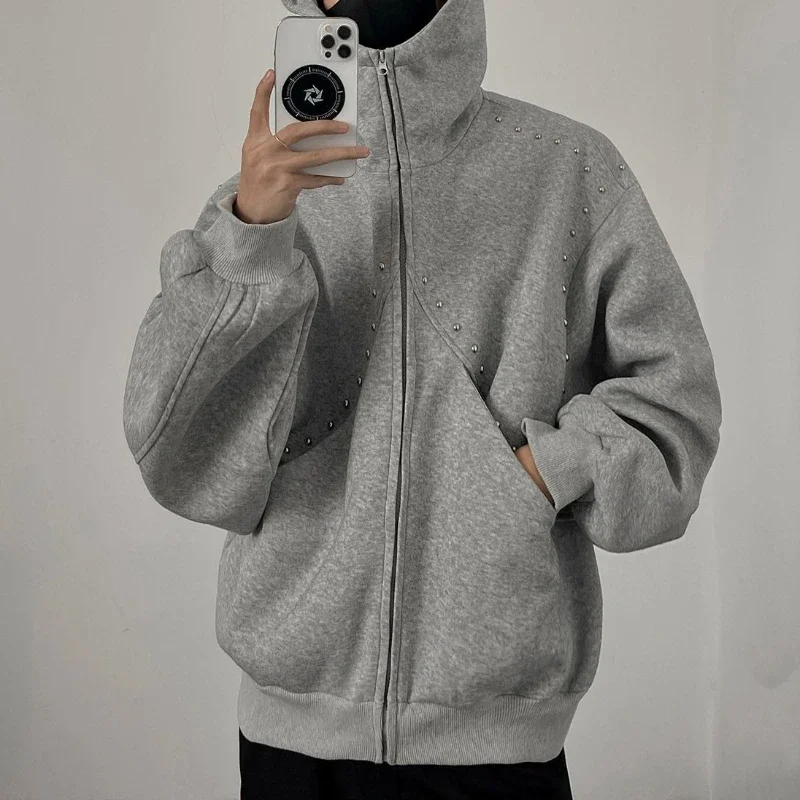 

High End Cardigan Zipper Hooded Sweatshirt 2025 Autumn and Winter Plus Size Rivet Splicing Jacket