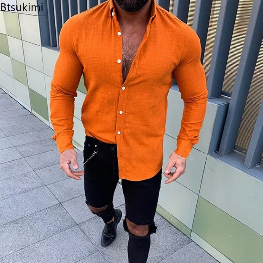 2024 Heren Casual Lange Mouwen Katoenen Linnen Dunne Stijl Revers Hennep Shirt Heren Losse Vest T-Shirt Mode Shirt Voor Heren