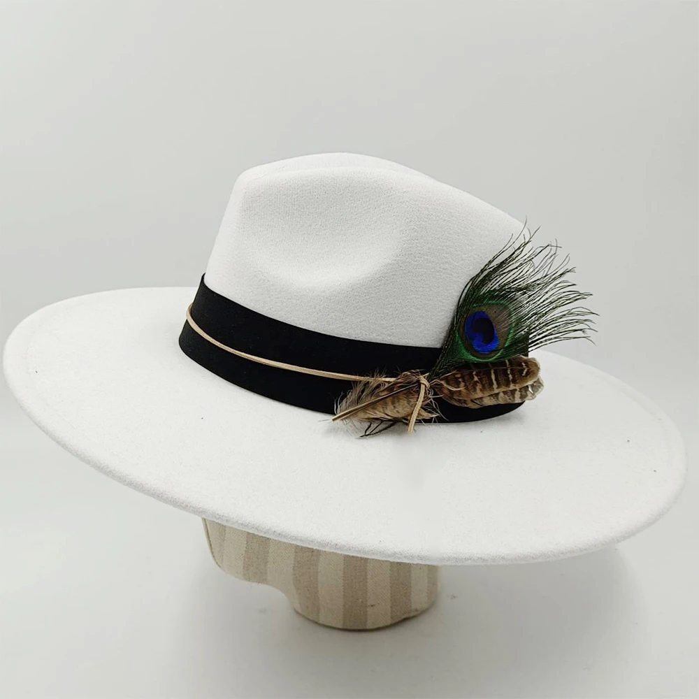 Autumn and winter 9.5 cm fedora hat with water drop top fashionable retro British webbing and feather decoration Panama hat