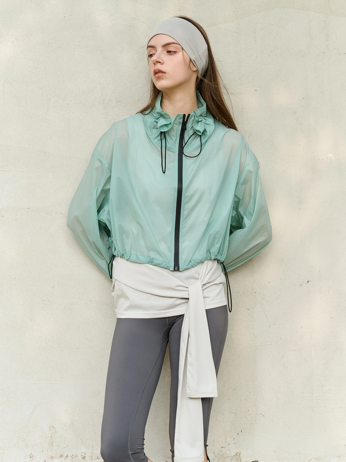 

Легкая женская куртка Asilike Summer с защитой от солнца и ветра, мятного цвета, с воротником-рюшами и завязками, для лета