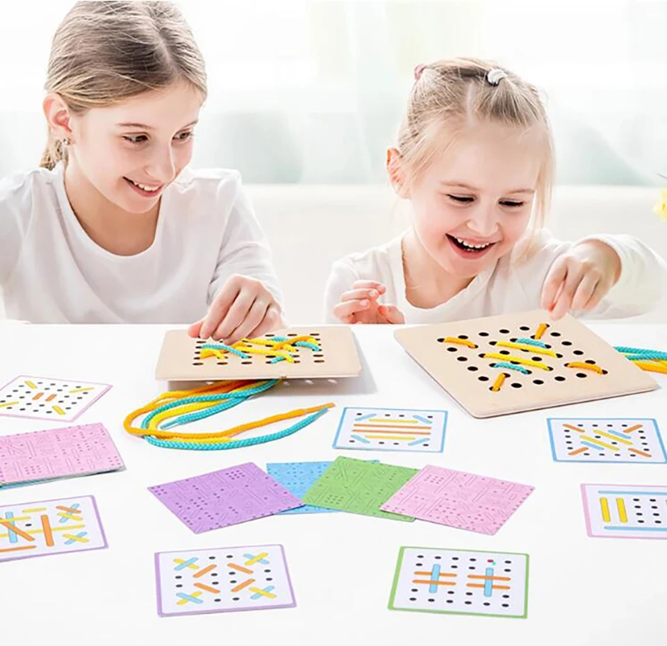 Wooden Lacing Puzzle Threading Montessori Toys Wooden Rope Board Motor Skills Training Games Road Trip Early Toys For Toddler