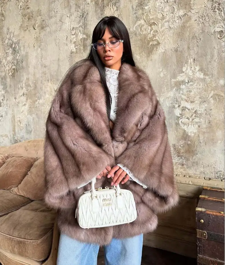 Women's Elegant Fake Fur Jacket Fashion Winter New Sleeve Bell Lapel Long Sleeve Coat Luxury Daily High Street Lady Outwear