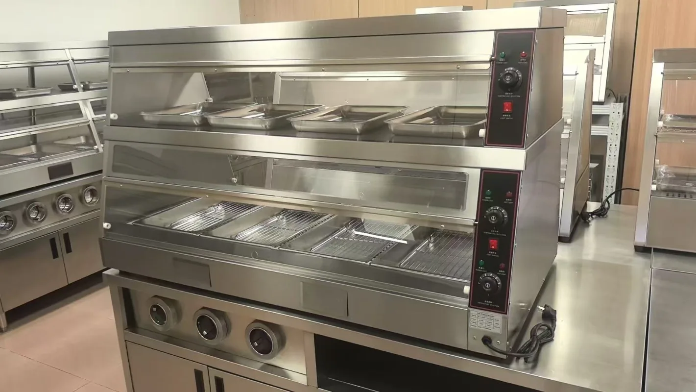 1.8m Commercial Double Layer Food Warmer Display Cabinet Stainless Steel Heated Showcase for Fast Food Restaurant