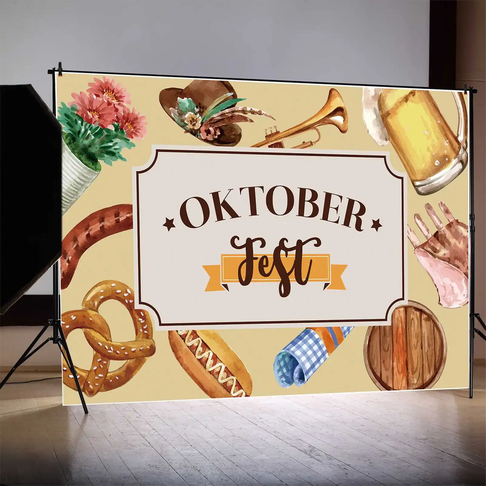 MOON.QG Backdrop Oktoberfest Banner Poster Beer Festival Photography Background Glass Wheat Horn Check Cloth Wall Decorations