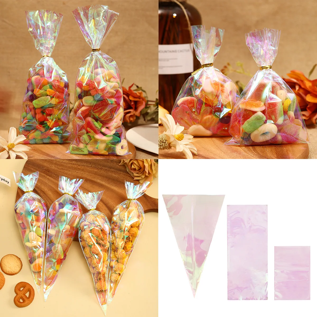 Sacs en Cellophane arc-en-ciel, 50 pièces, sacs holographiques pour cadeaux, friandises et événements, parfaits pour les vacances, les anniversaires