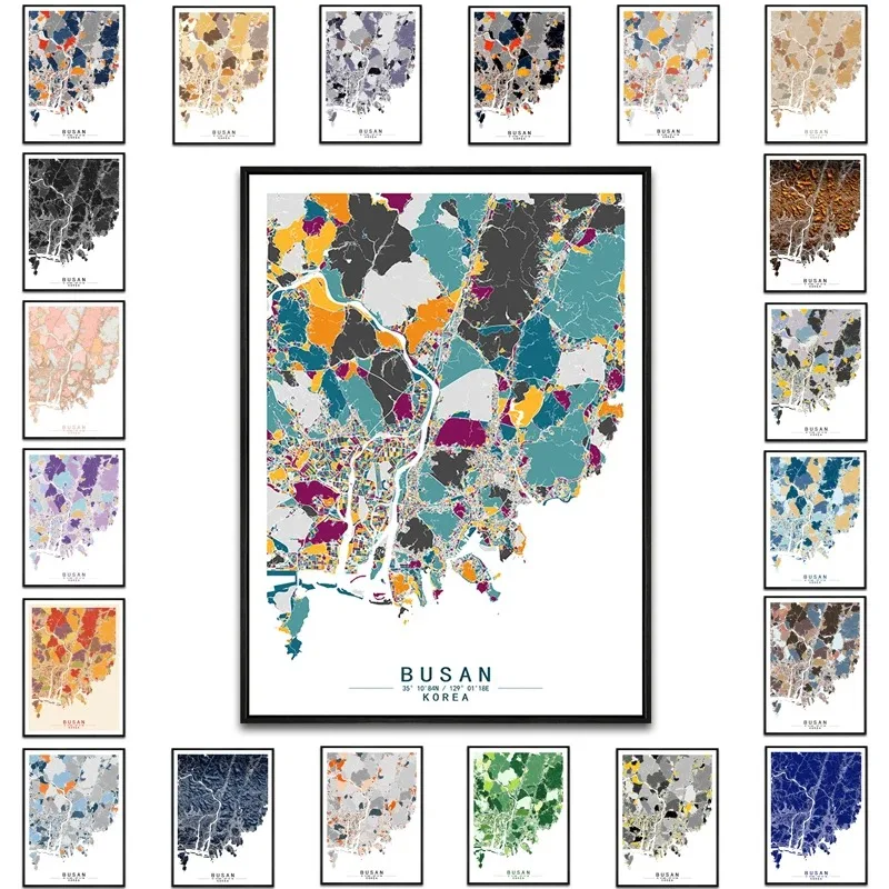 Busan South Korea Colour World City Map Abstract Canvas Paintings Wall Art Print Poster Picture Home Decoration for Living Room