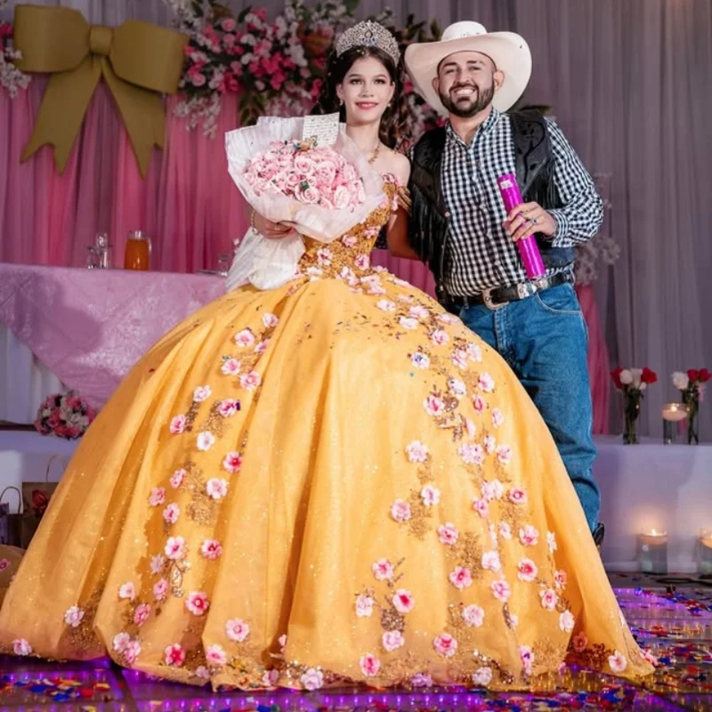 Vestido quinceanera dourado brilhante, renda, camadas de cristal, glitter, decalque, flor 3d, cauda longa, vestidos de 15 quinceanera ﻿ Personalizado