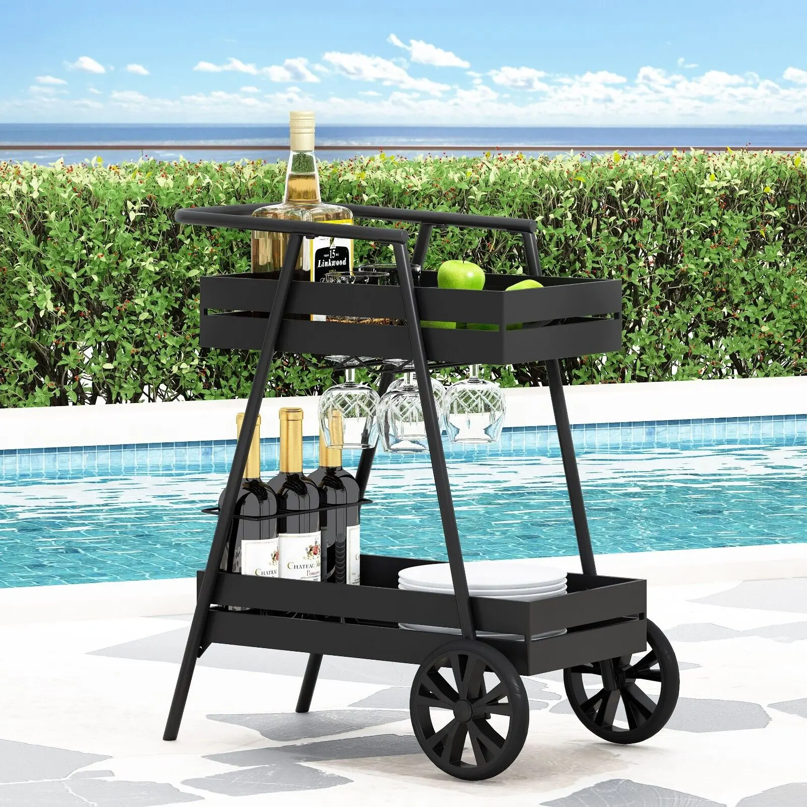 US  Wolfeboro outdoor metal 2-layer bar cart, matte black-