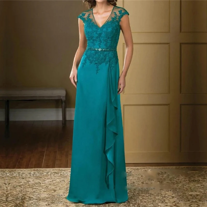 

Бирюзовое кружевное украшенное платье для матери невесты для вечернего платья с v-образным вырезом, привлекательное свадебное платье для гостей, женское платье без рукавов