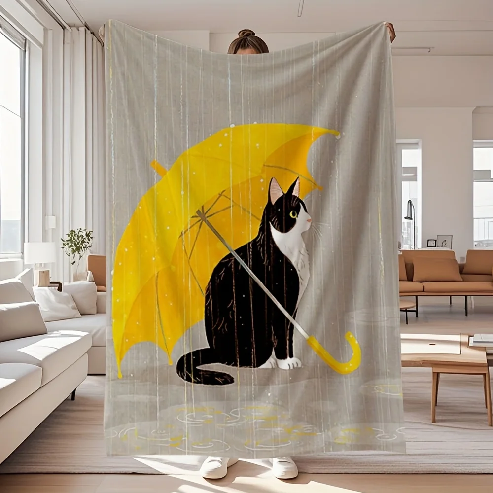

1pc, Plush Toy & Blanket Set, Soft and Comfortable Cat with Yellow Umbrella Pattern Flannel Blanket, Easy Care, Yellow and Black