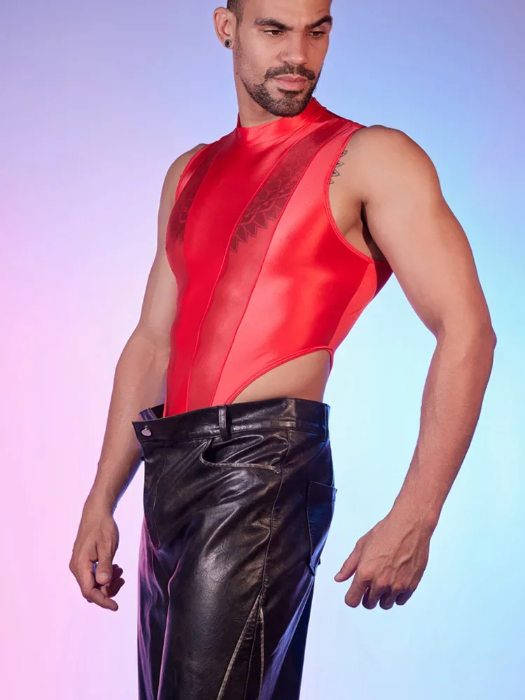 Glossy High Cut Sleeveless Sexy Bodysuit Super Elastic Tight Three-point Jumpsuit Men's Suspender Panties Erotic Sheer Lingerie