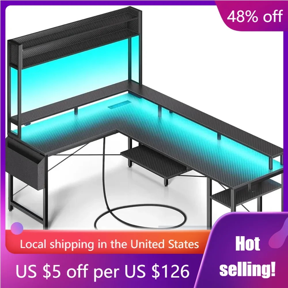 

L Shaped Gaming Desk 90.5“ Computer Desk With Monitor Stand & Hutch Carbon Fiber BlackFreight Free Table Office Furniture