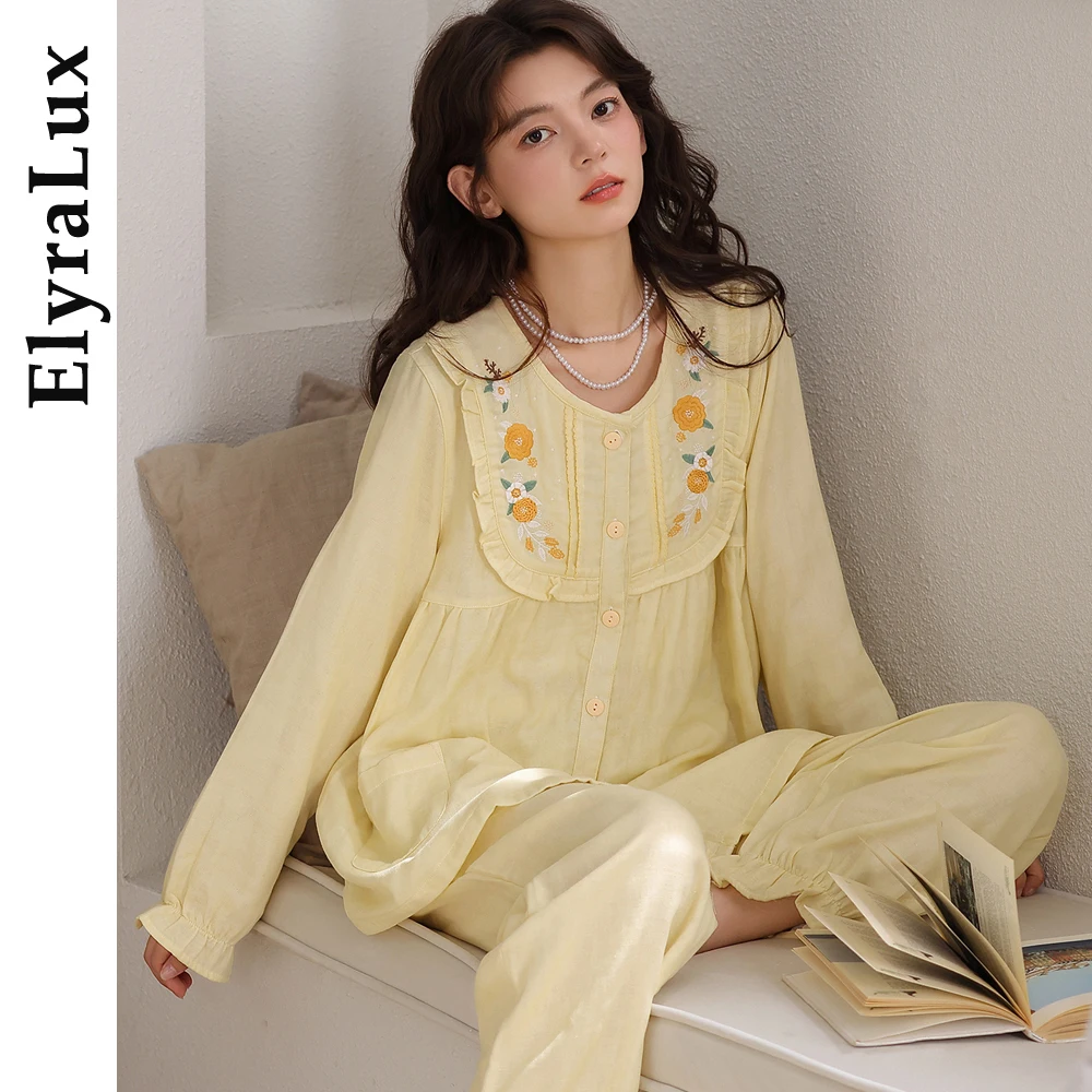 

ElyraLux Women’s Winter Autumn Pajama Set Cotton-Feel Polyester Embroidered Floral Sleepwear Long Sleeve Japanese Loungewear