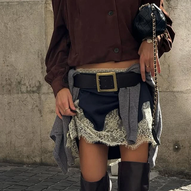 

Combhasaki Y2k Элегантная прозрачная атласная юбка с кружевной нашивкой и цветочным принтом для женщин с низкой посадкой, шикарная модная повседневная короткая мини-юбка трапециевидной формы