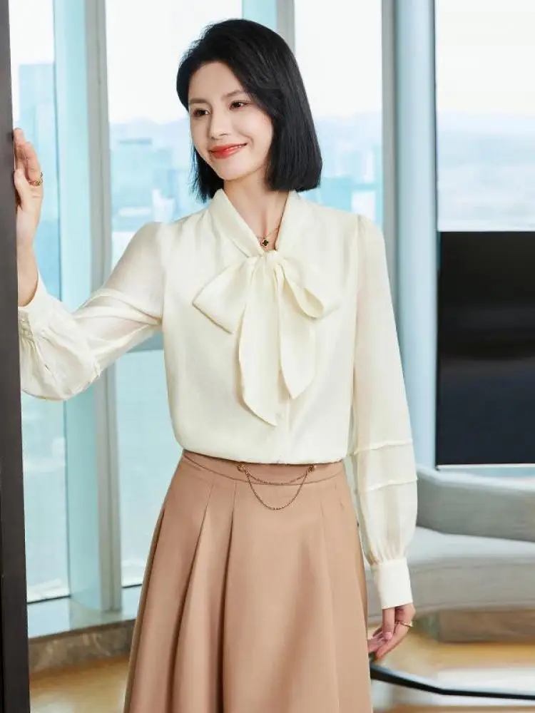 

Женская винтажная блузка с бантом, элегантная однобортная блузка бежевого и синего цвета с длинным рукавом, универсальные Топы во французском стиле на осень