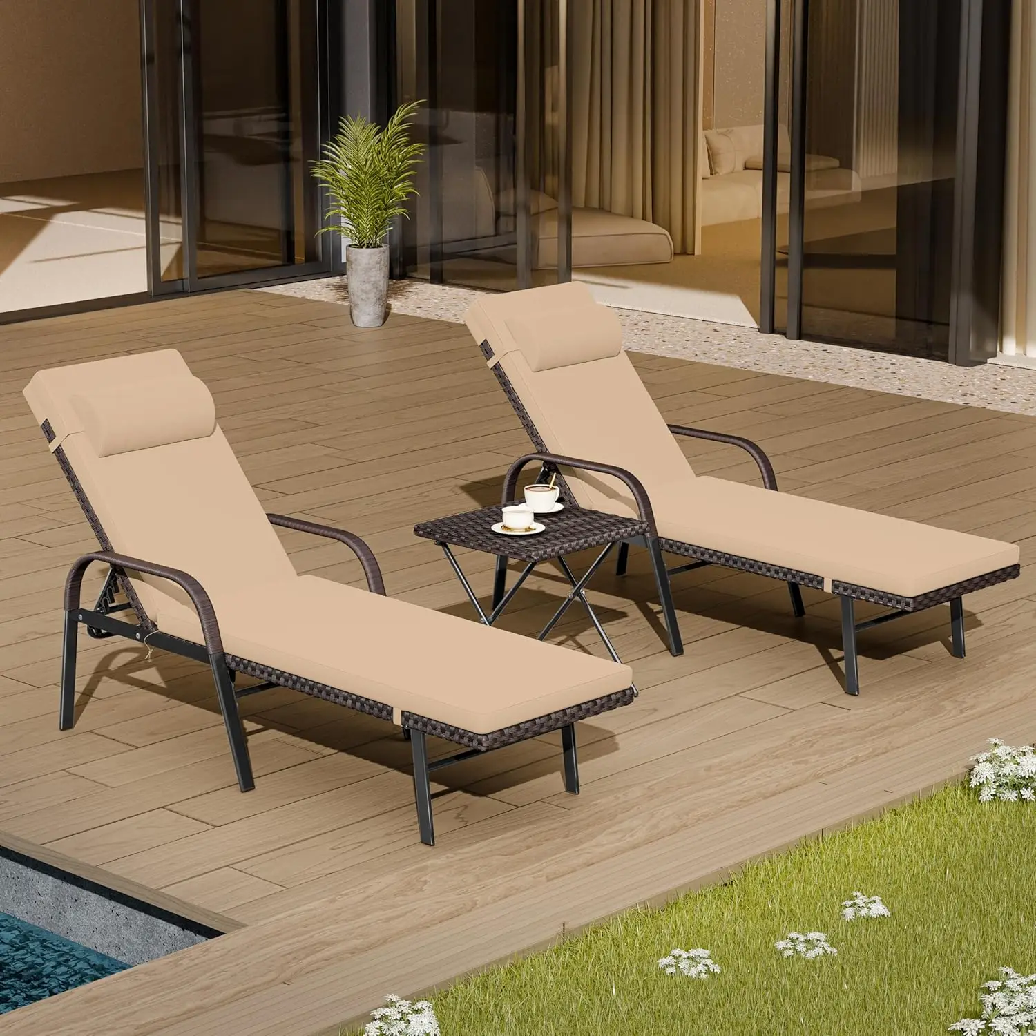 

Patio Chaise Lounge Set 3 Pieces Outdoor Lounge Chair With Rattan Adjustable Backrest Armrest And Folding Table For Beach