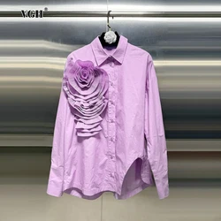 VGH Casual Patchwork Appliques Shirts For Women Lapel Long Sleeve Spliced Single Breasted Irregular Blouses Female Fashion New