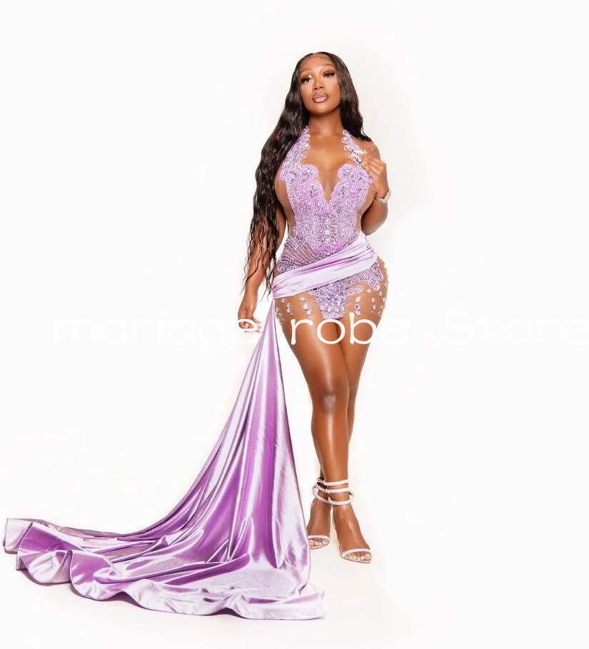 Sparkly Short Prom Formal Dresses for Black Girl Red Lavender Lilac Luxury Crystal Sheer Evening Birthday Gala Gown Customsized