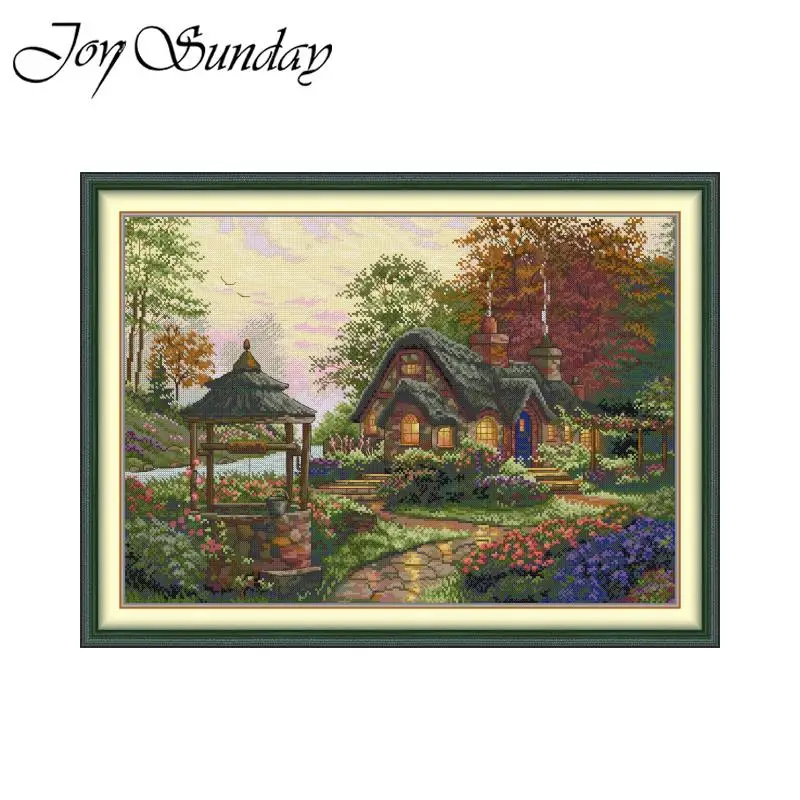 Joy Sunday Wishing Lodge Printed Cross Stitch Kits Aida 16CT 14CT DIY Fabric Folk Craft DMC Thread Home Deco Hand Embroidery Set