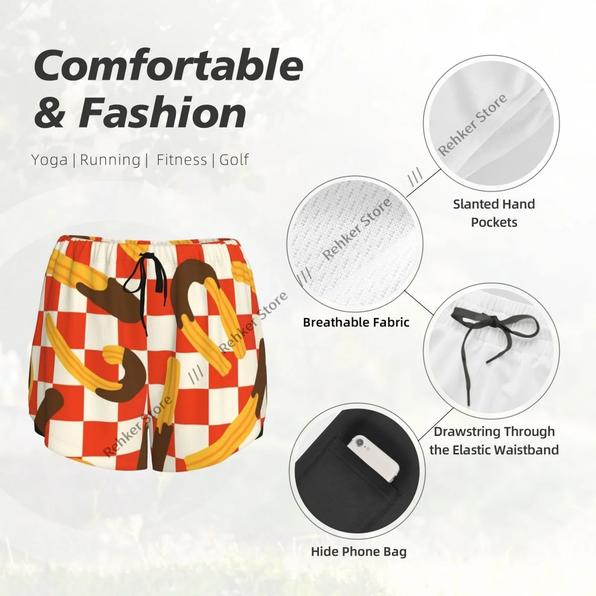 Workout Shorts Women Fitness Quick Drying Double Layer Shorts Churros With Chocolate Athletic Yoga Short Pants Gym Leggings