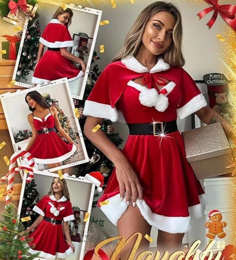 سانتا كلوز زي ملابس عيد الميلاد للنساء فستان عيد الميلاد الأحمر المثير مع كيب 2 قطعة زي سانتا المخملي عيد الميلاد بيبي دول فروي #4