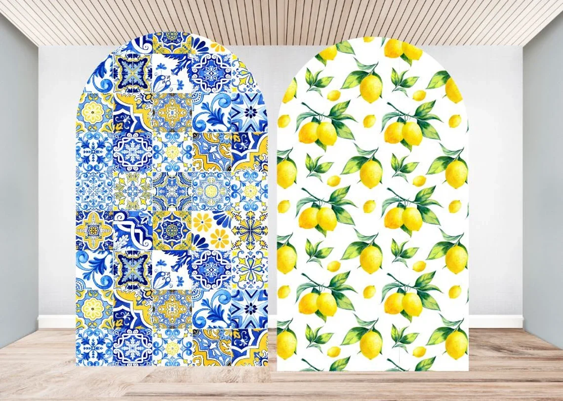 Portugal Blue and White Tile Lemons Custom Arch Backdrop Double Sided Fabric Cover Girls Birthday Party Wedding Decorations