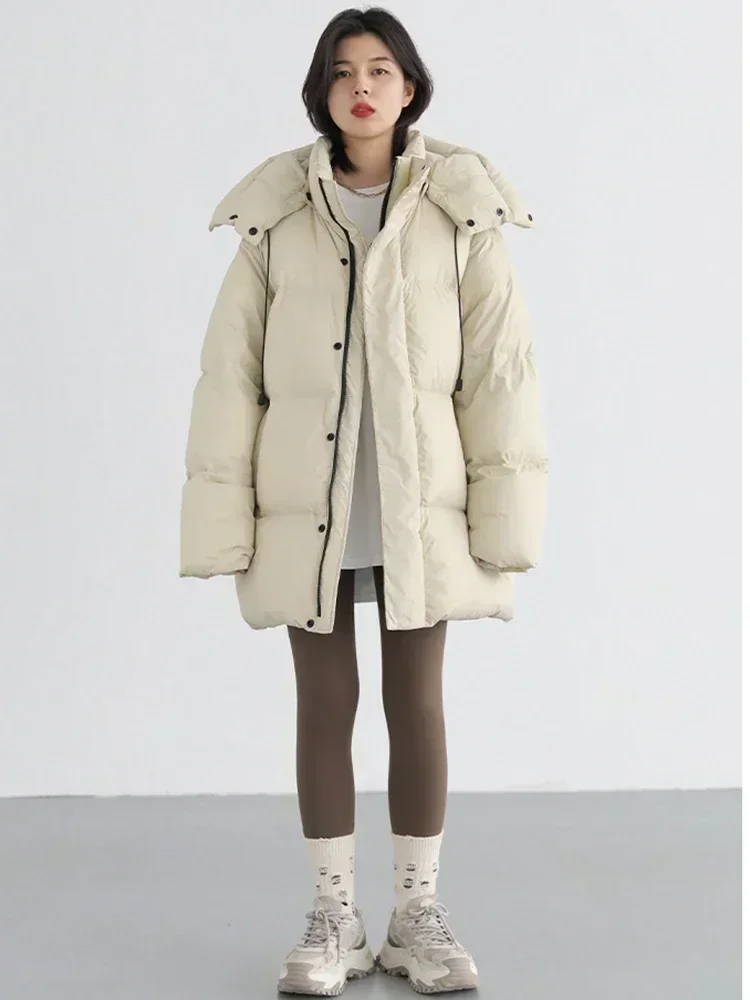 CHIC VEN Korean Women Down Coats Standing Collar Hooded Mid Long 90 White Duck Down Jacket Winter Women Clothing 2024