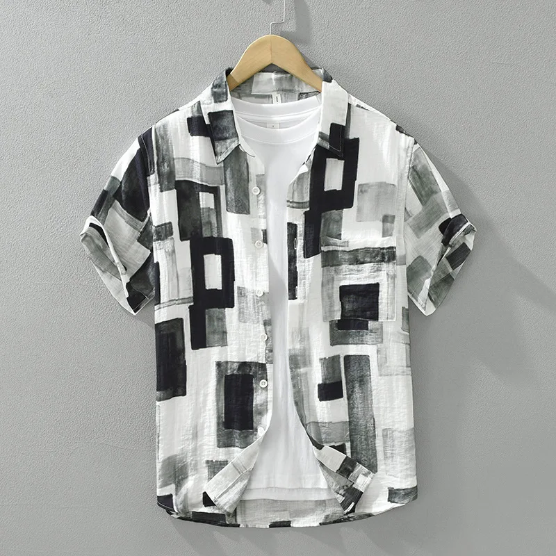 

2024 Summer Fashion Printed Polyester Shirts For Men Short Sleeve Handsome Cool Cityboy Tops 24SS Y2k Youth Male Casual