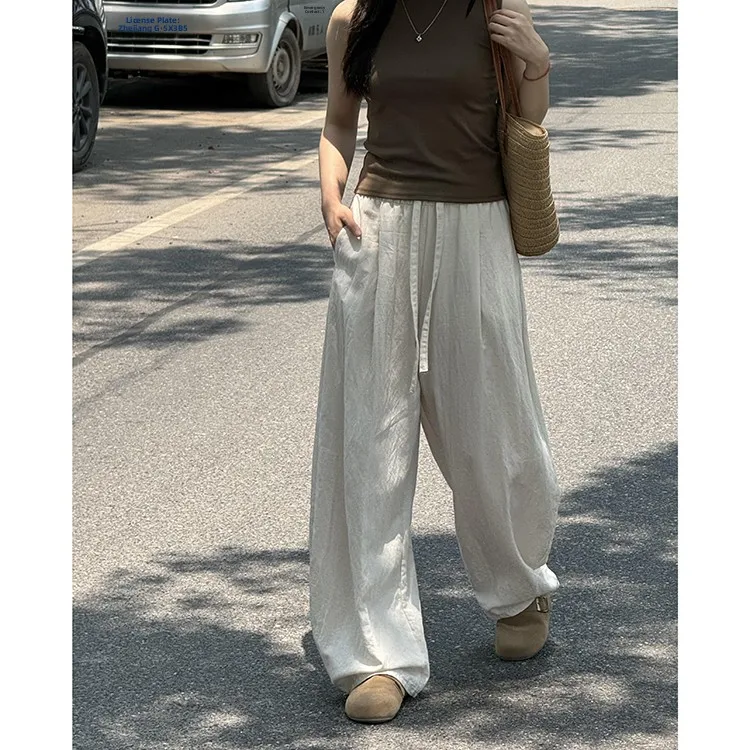 Koreańskie spodnie damskie z prostym, elastycznym pasem, sznurkiem, krojem typu knife, na lato 2025, nowe, przewiewne, przyjazne dla skóry, z bawełny i lnu, do ziemi...