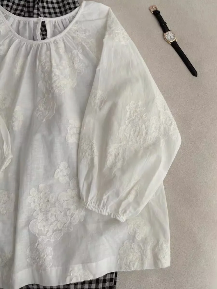 Heavy Embroidery Hemp irt Women's Summer Artistic Retro Cotton Linen Doll Top Loose Fit Long Sve round Ne Printed Thin