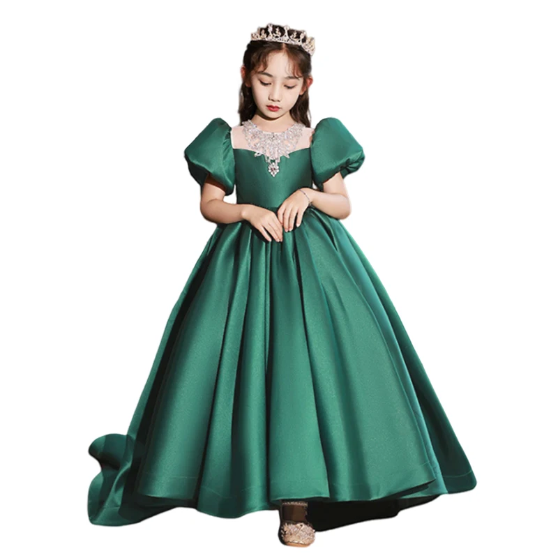 Christmas Girls Forest Green Floor-Length Princess Train Dress for 2-14 Kids Elegant Birthday Pageant Junior Bridsmaid Dress