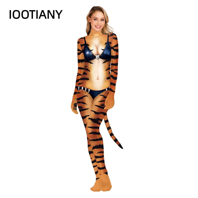 IOOTIANY Anime  New Tigra 3D Tiger Print with tails Cosplay Costume for Women and Men Fashion Skinny Slim Jumpsuits Bodysuit