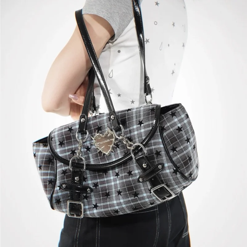 

Fashion Y2k Shoulder Bag, Flap-style Underarm Bag Preppy Style Women's Handbag Plaid Pattern Star Decor Large Bowling Bag