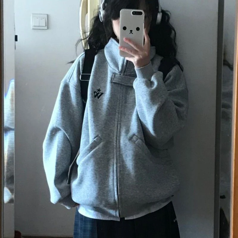 Sweat-shirt brodé pour femmes, Streetwear, Vintage américain, Harajuku, col montant, manteau d'automne, pur coton, fermeture éclair, hauts amples