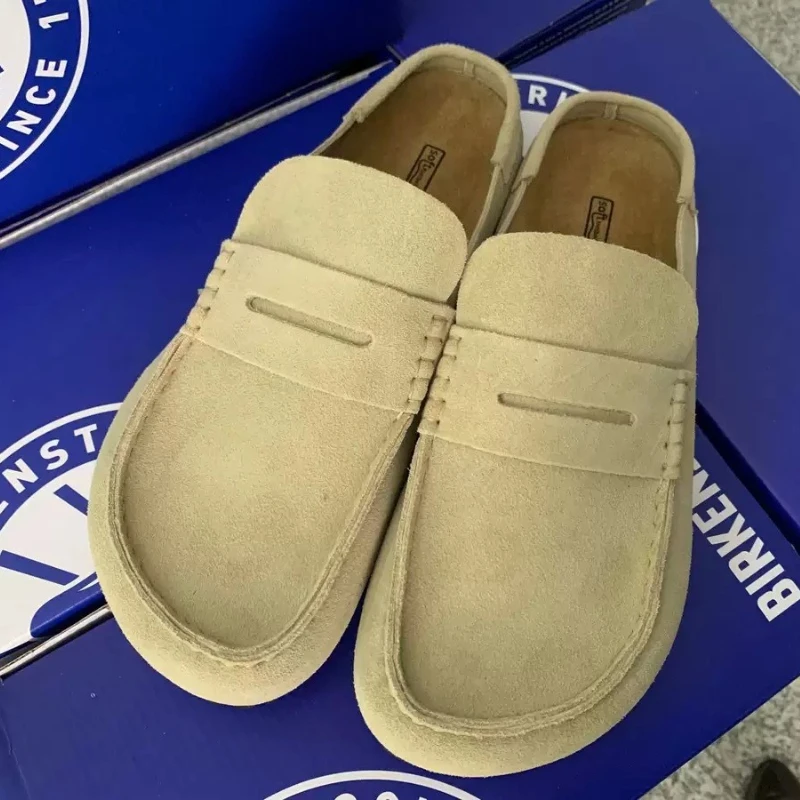 Suède leren loafers voor dames en heren, zachte kurken voetbedden, open achterkant, instap casual klompen