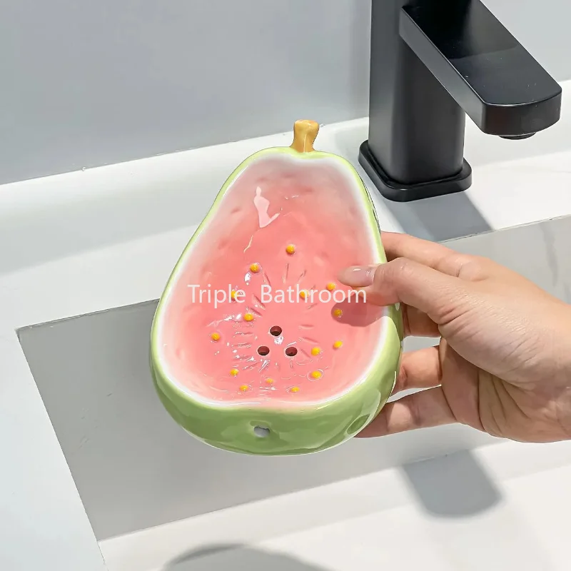 1pc Cute Guava Shaped Soap Dish Drapable Soap Holder Bathroom Ceramic Fruit Soap Holder Home Decoration Bathroom Products)