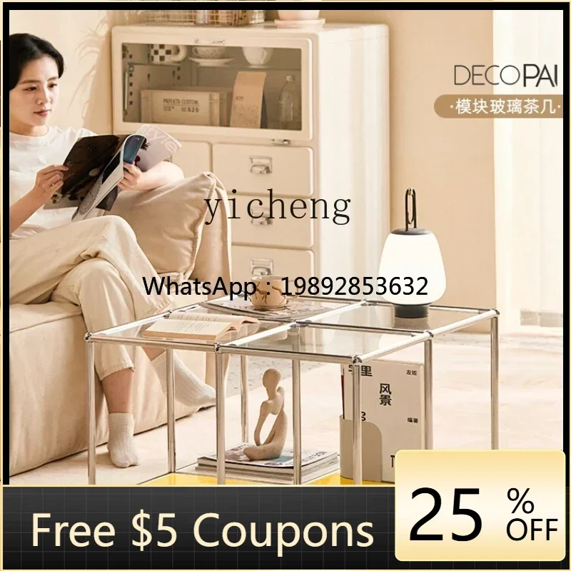 

AA glass coffee table living room home creative cart medieval stainless steel movable sofa side table