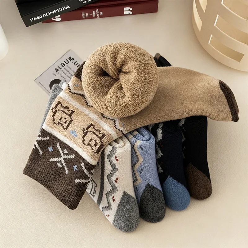 

5 Pairs Women's Socks Winter Warm Thickened Floor Socks For Girl Set Japanese Cute Cartoon Kitty Kawaii Sweet Mid Tube Socks