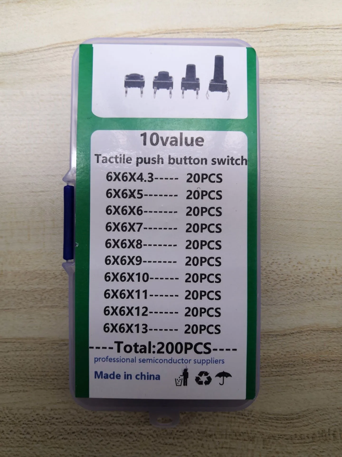 10 valores * 20 piezas = 200 piezas, Caja de Interruptores de Presión de 6*6*4.3/5/6/7/8/9/10/11/12/13 mm de Altura, Kit de Interruptores de Botón Táctil Micro Surtidos de 6x6 mm