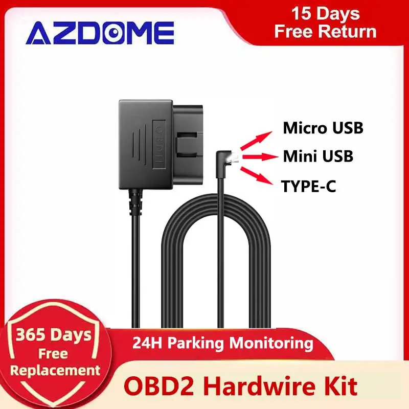 AZDOME Dash Cam 24 Hours Mini/Mico/Type-C USB OBD2 Hardwire Kit 12V-24V to 5V2.5A Low Vol Protection Power Cable Video Recorder