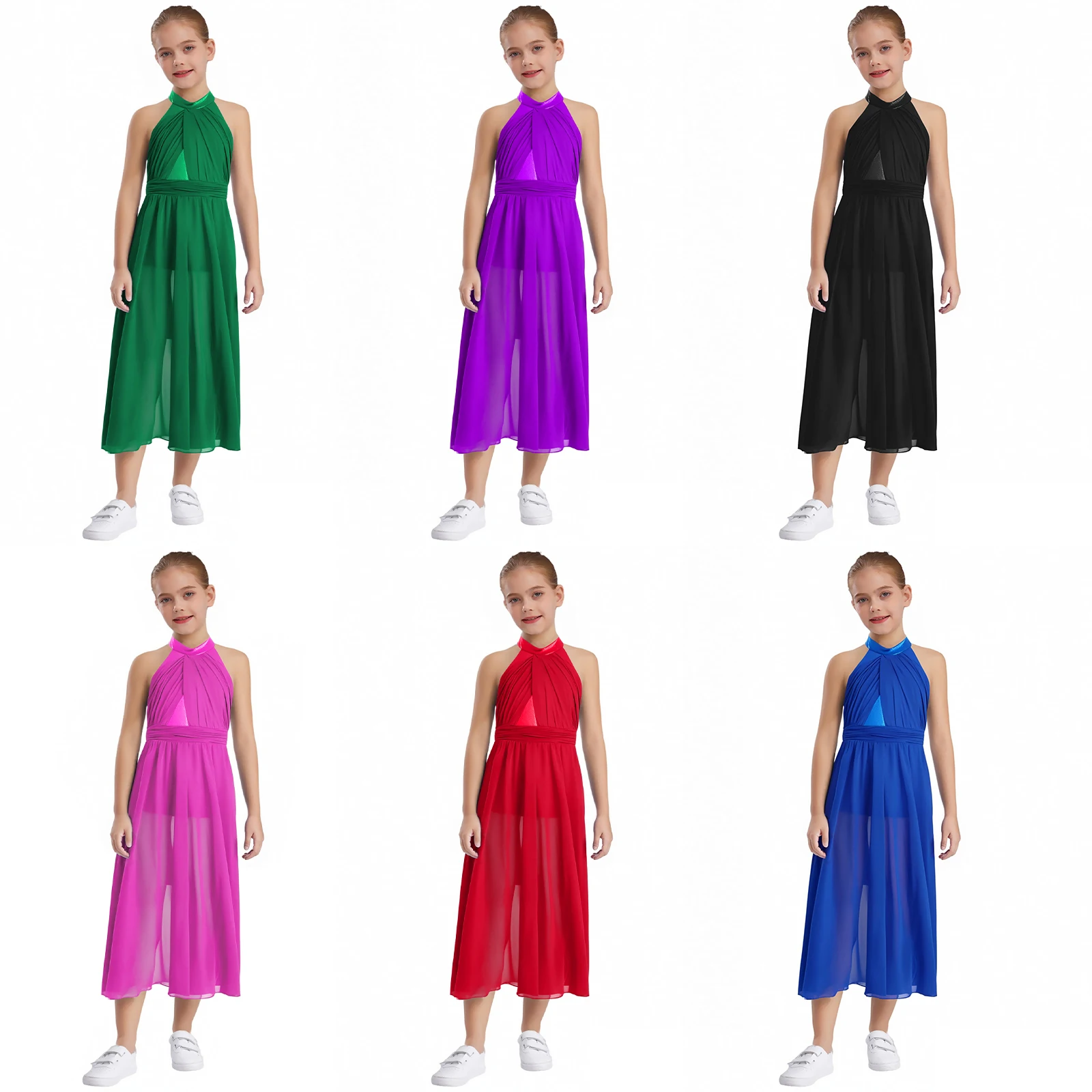 

Kid Girl Sleeveless Metallic Bodice Split Chiffon Dance Dress Ice Skating Gymnastic Lyrical Modern Dance Leotard Dress Dancewear
