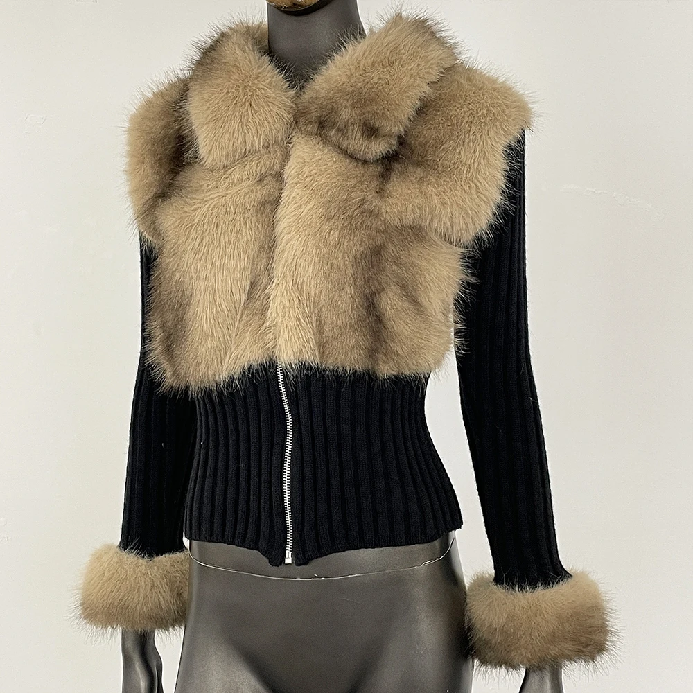 

Fur Coat Eco-friendly Sweater Cardigan Women Faux Fur Collar Knitwear Cuddly Designer Knitted Spring Faux Fur Patchwork Clothe