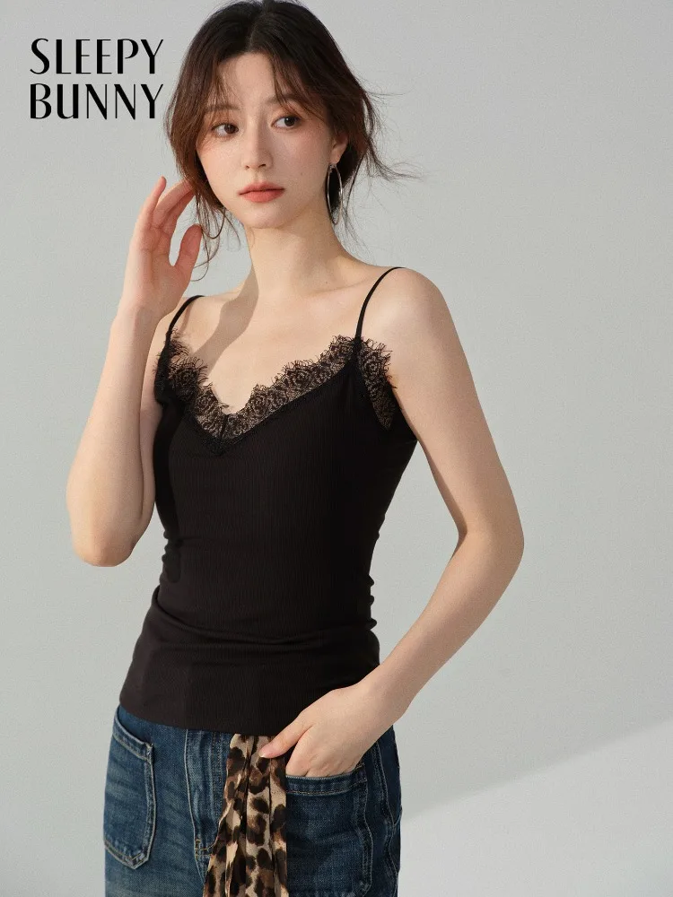 

Elegant Lace Camisole Tank Top Padded V Neck Slim Fit Knit Cami for Women Layering Undershirt for Daily Casual or Party Outfits