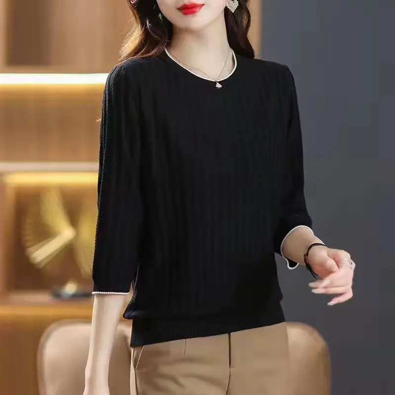 2023 New Spring Summer 3/4 Sleeve Loose O Neck Pullover Office Lady Korean Style Solid Color Fashion Casual T-shirts for Women